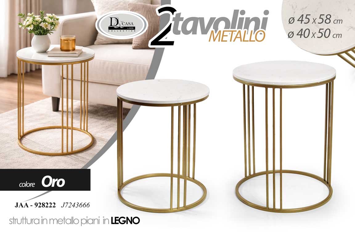 8025569928222 2 tavolini rotondi classico moderno bianco mdf metallo oro impilabili 55-40cm - immagine 1