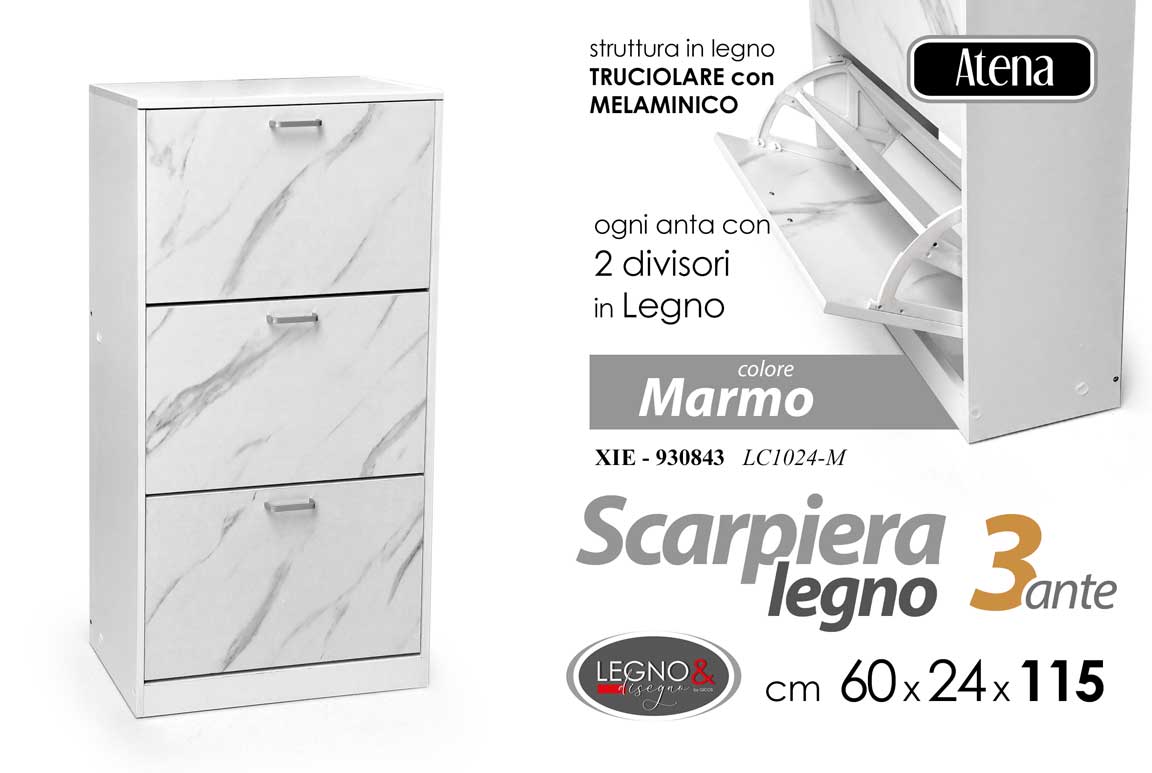 8025569930843 SCARPIERA 3 ANTE MARMO COLOR MODERNA SLIM DOPPIA SALVASPAZIO LEGNO H115*L63*P24 - immagine 1