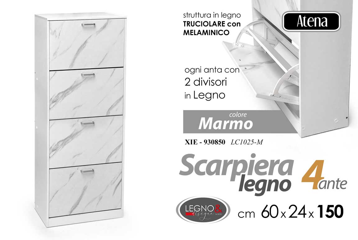 8025569930850 SCARPIERA 4 ANTE MARMO COLOR MODERNA SLIM DOPPIA SALVASPAZIO LEGNO H150*L63*P24 - immagine 1