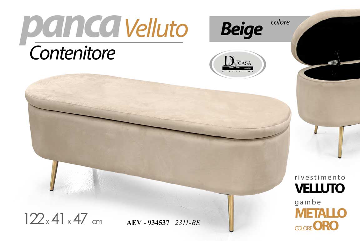 8025569934537 Panca contenitore pouf Panchina velluto beige ecrù gambe metallo oro 122x47x41 - immagine 1