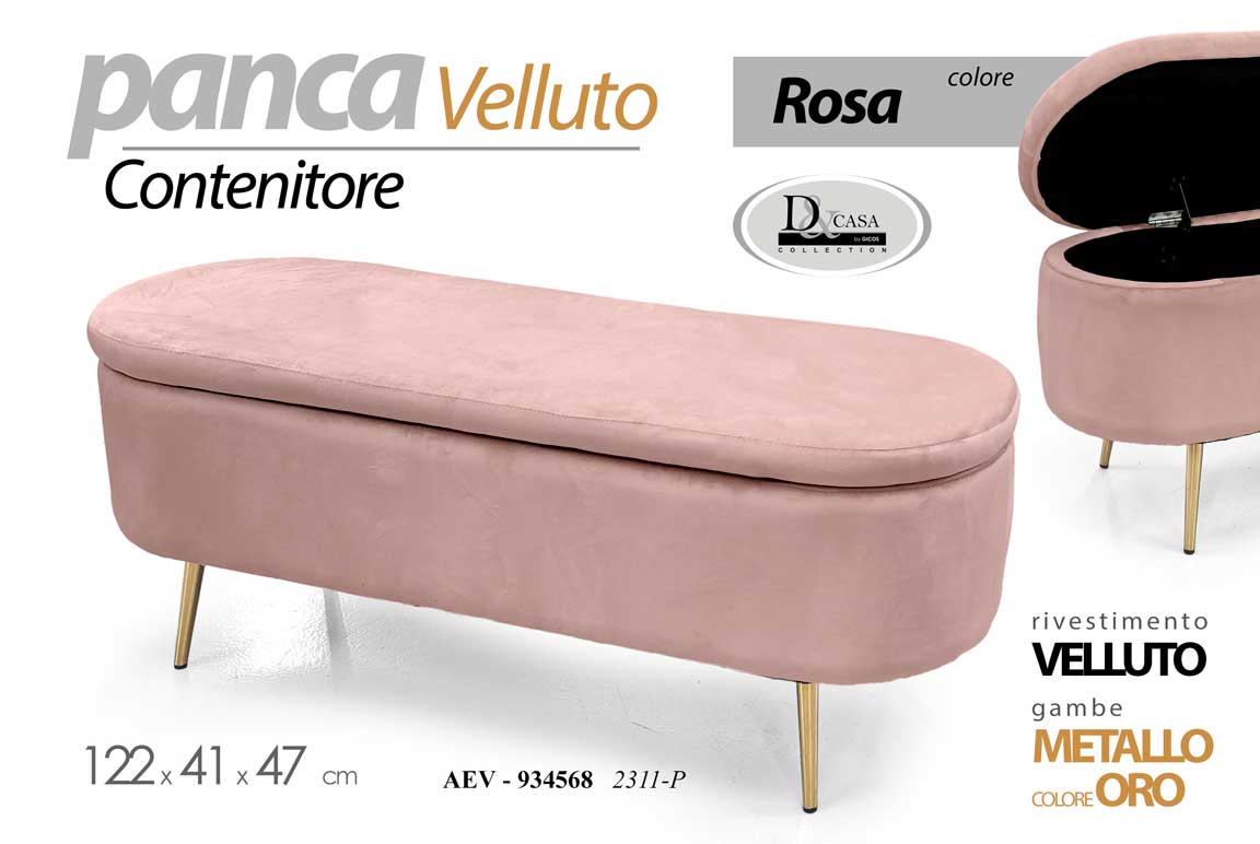 8025569934568 Panca contenitore pouf Panchina velluto rosa pink gambe metallo oro 122x47x41 cm - immagine 1