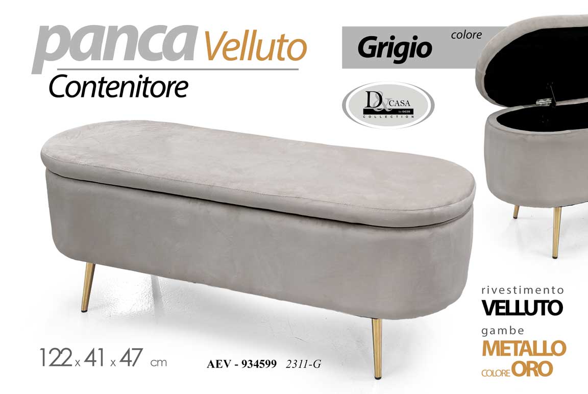 8025569934599 Panca contenitore pouf Panchina velluto grigio gambe metallo oro 122x47x41 cm - immagine 1