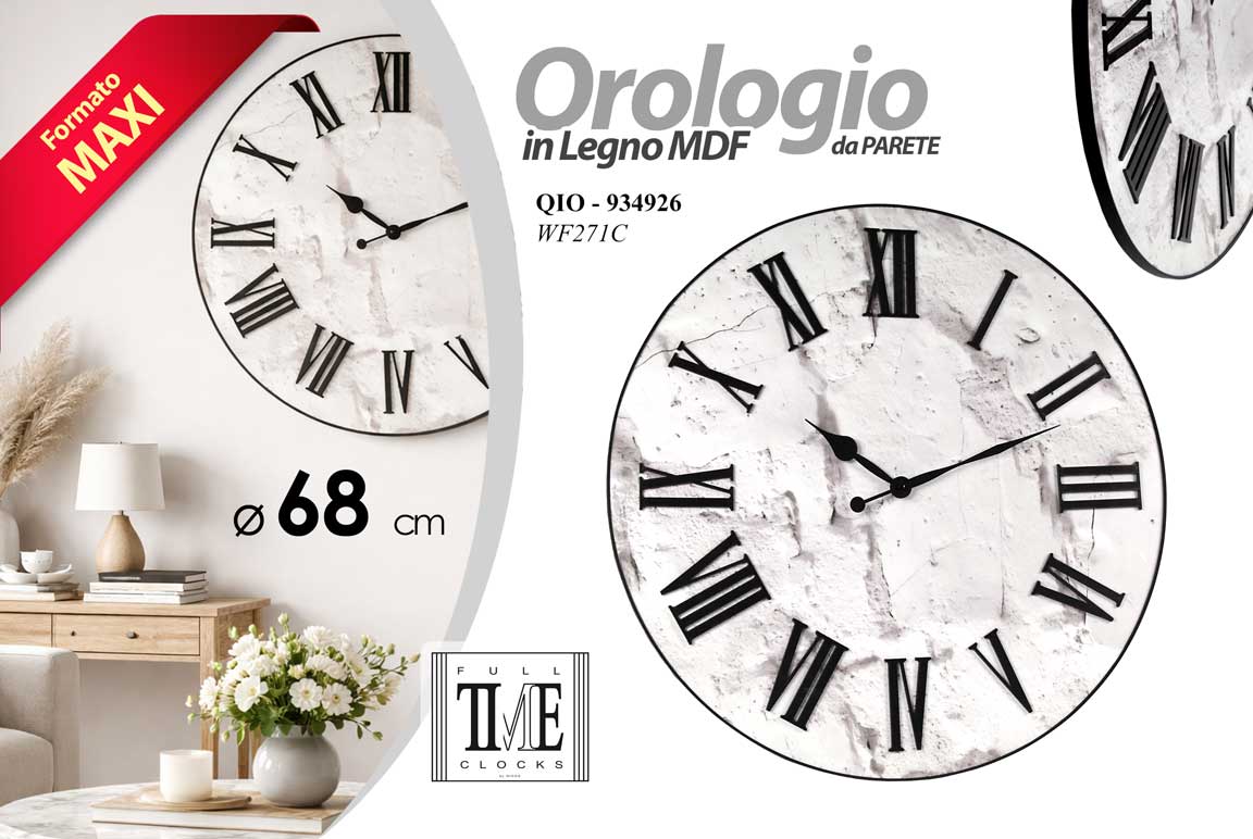 8025569934926 Orologio parete tondo effetto marmo numeri romani grande legno mdf bianco 68 cm - immagine 1