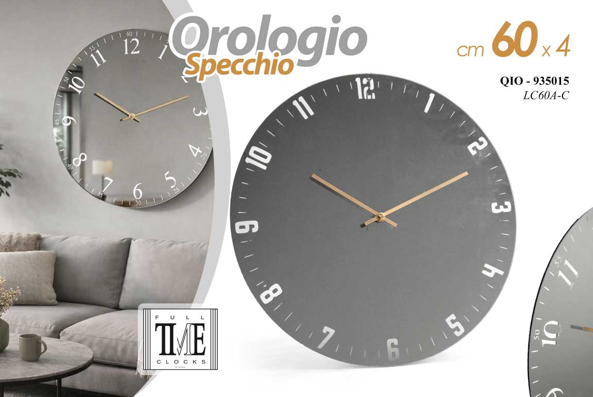 8025569935015 Orologio parete specchio moderno tondo grande grigio vetro salotto casa 60 cm - immagine 1