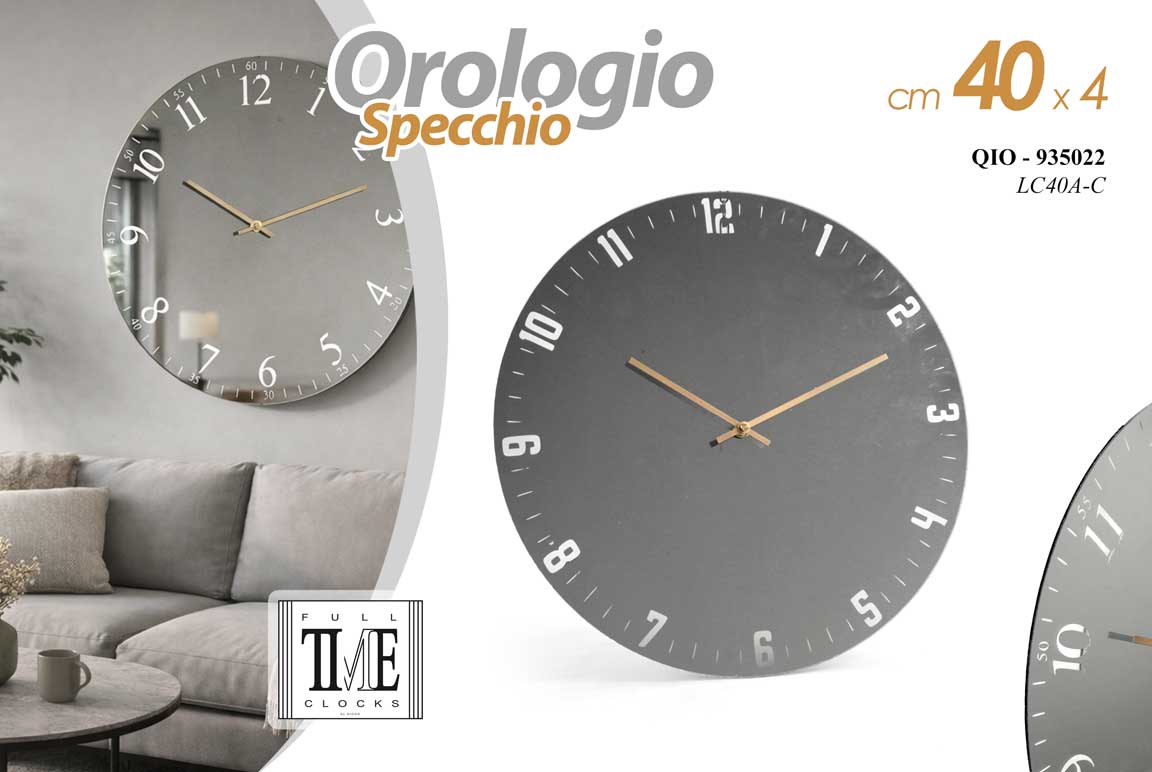 8025569935022 Orologio parete specchio moderno tondo grande grigio vetro salotto casa 40 cm - immagine 1