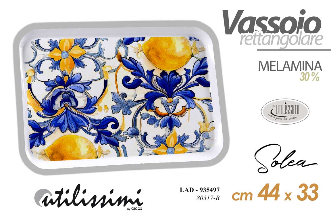 8025569935497 Vassoio rettangolare portata buffet melamina mediterraneo blu limoni 44*33*2 cm - immagine 1