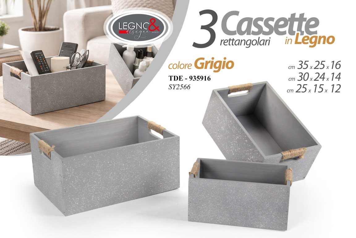 8025569935916 Cassette legno grigio set 3 contenitori portaoggetti shabby chic 35-30-25 cm - immagine 1
