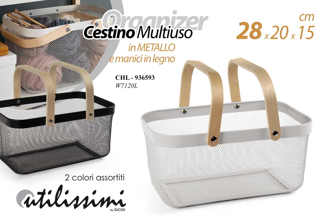 8025569936593 Cestino cesto metallo manici legno organizer multiuso cucina bagno ass 28x20x15 - immagine 1