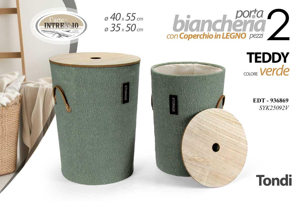 8025569936869 2 porta biancheria tondi cesto verde coperchio legno bagno contenitore oggetti - immagine 1