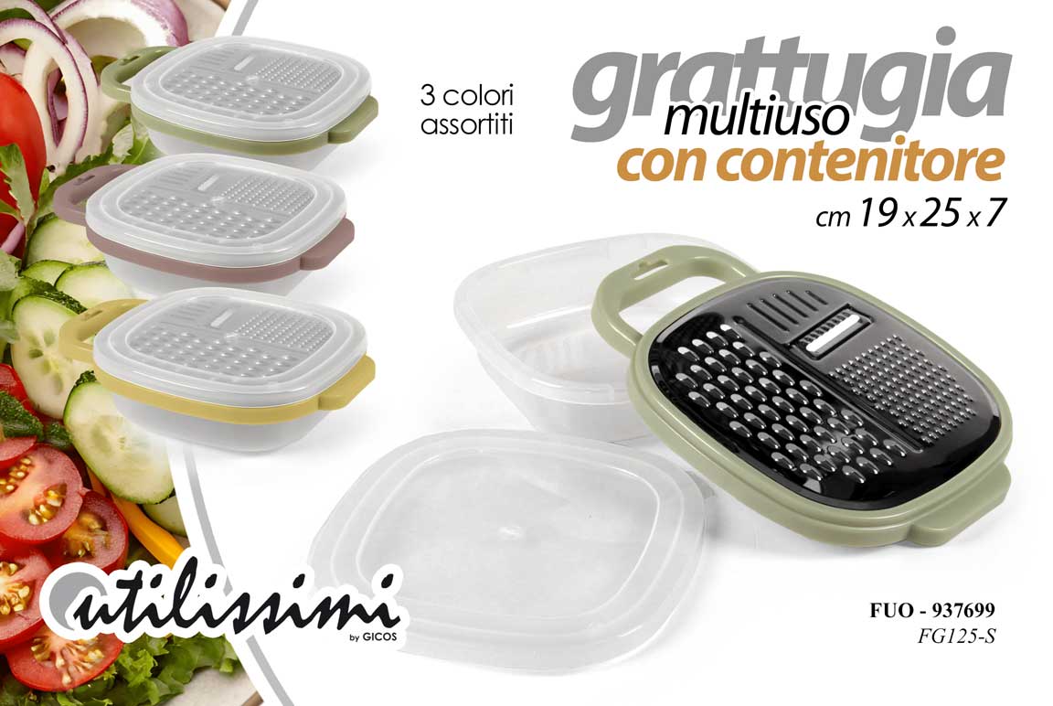 8025569937699 Grattugia multiuso tagliaverdure acciaio inox contenitore formaggio ass 25x19x7 - immagine 1