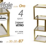 Scaffale moderno metallo oro 4 ripiani 3 vetro temperato quadrato 87x30x30 cm