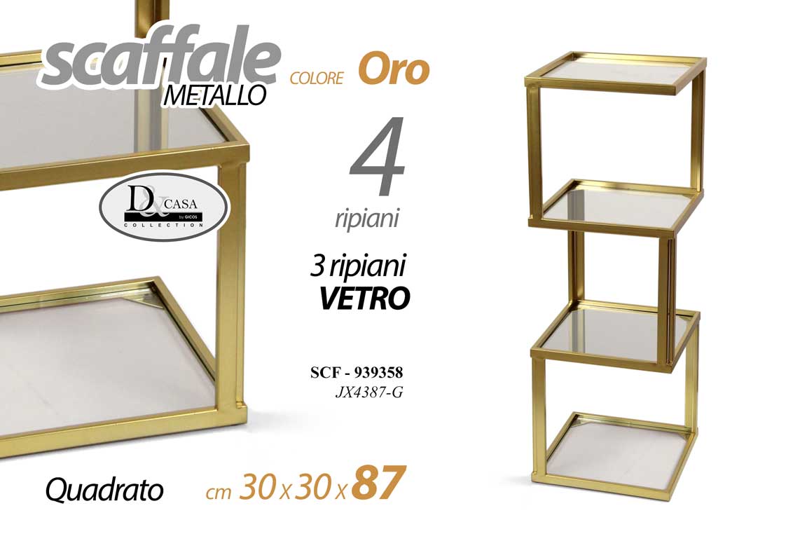 8025569939358 Scaffale moderno metallo oro 4 ripiani 3 vetro temperato quadrato 87x30x30 cm - immagine 1