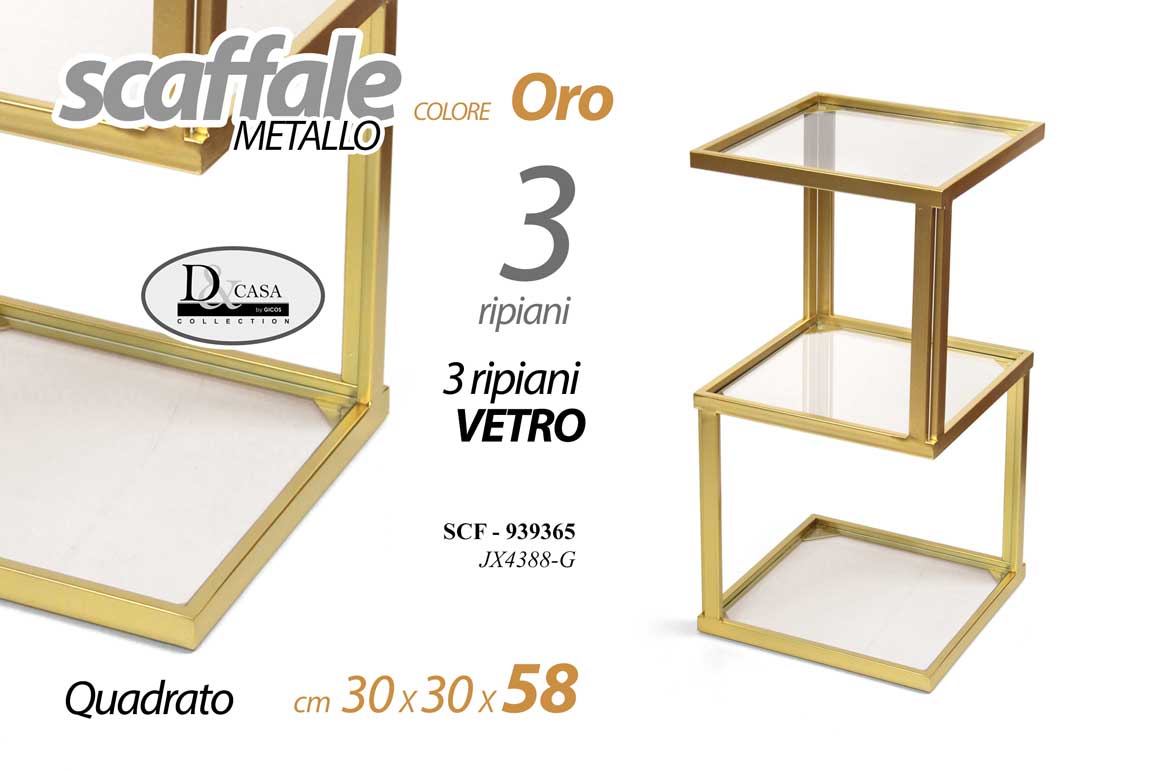 8025569939365 Scaffale metallo oro Colonna 3 ripiani vetro design moderno Salvaspazio 58x30x30 - immagine 1