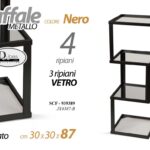 Scaffale moderno metallo nero 4 ripiani 3 vetro temperato quadrato 87x30x30 cm