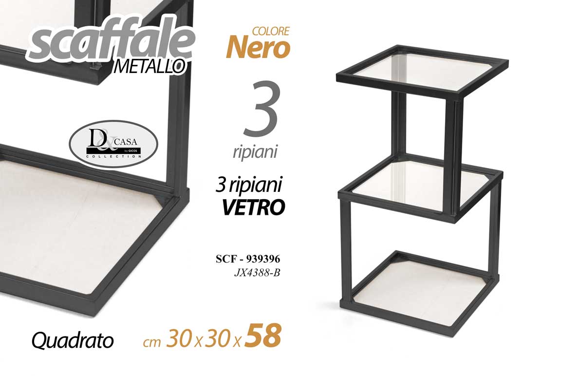 8025569939396 Scaffale metallo nero 3 ripiani vetro design moderno quadrato 58x30x30 cm - immagine 1