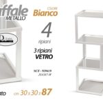 Scaffale moderno metallo bianco 4 ripiani 3 vetro temperato quadrato 87x30x30 cm