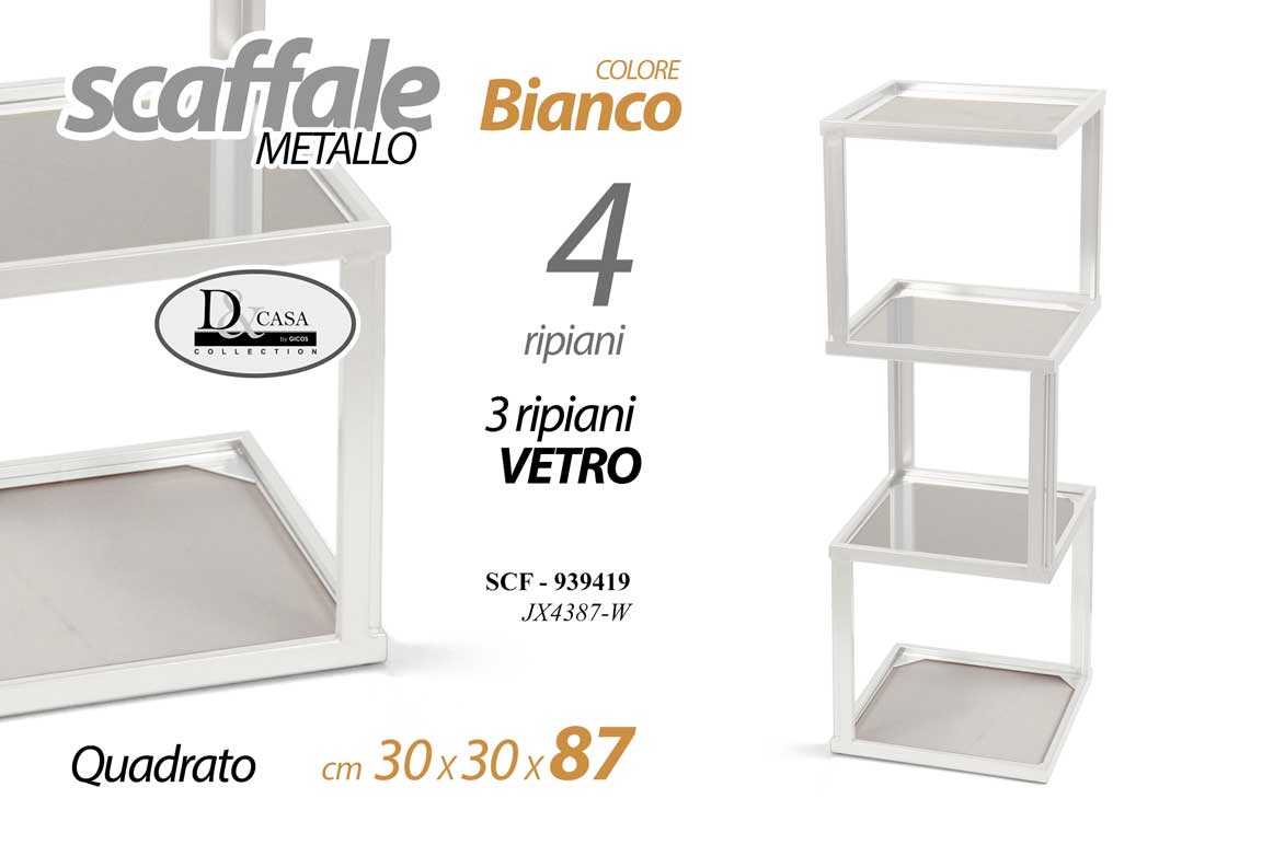 8025569939419 Scaffale moderno metallo bianco 4 ripiani 3 vetro temperato quadrato 87x30x30 cm - immagine 1