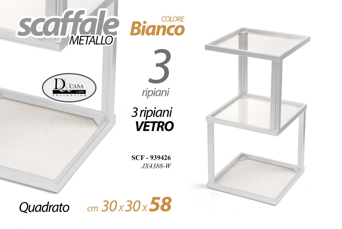 8025569939426 Scaffale metallo bianco 3 ripiani vetro design moderno quadrato 58x30x30 cm - immagine 1