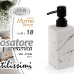 Dosatore sapone liquido dispenser ricaricabile ceramica marmo bianco bagno 18cm