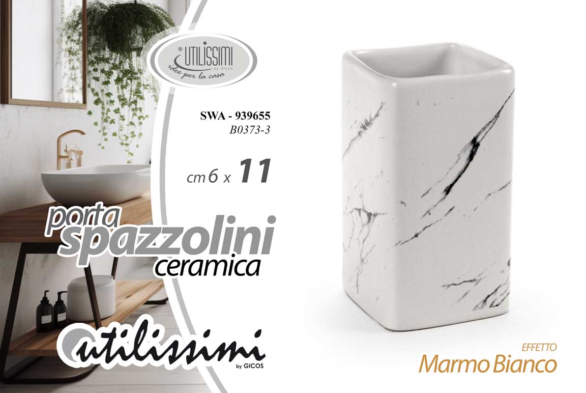 8025569939655 Portaspazzolini bicchiere denti lavabo ceramica eff marmo bianco set bagno 11 cm - immagine 1