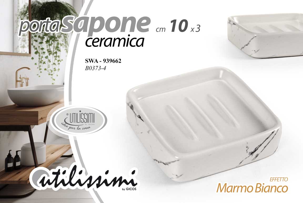 8025569939662 Portasapone solido piatto lavabo ceramica eff marmo bianco set bagno 10*3 cm - immagine 1