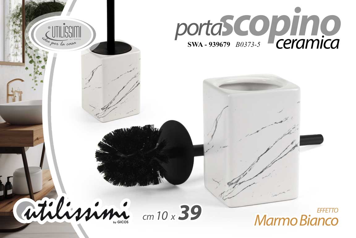 8025569939679 Portascopino wc water ceramica effet marmo bianco accessori bagno elegante 39 cm - immagine 1