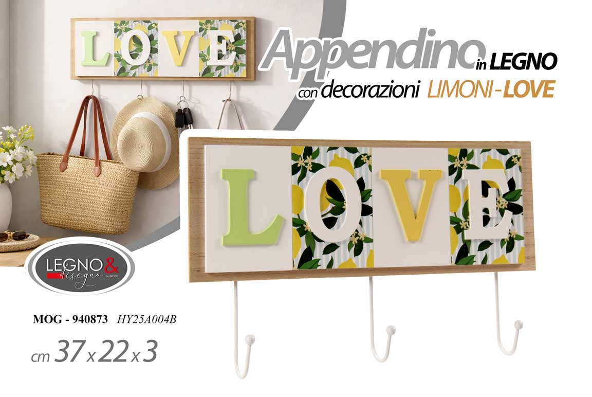 8025569940873 Appendino parete appendi abiti chiavi 3 ganci muro legno love limoni 37*3*22 cm - immagine 1