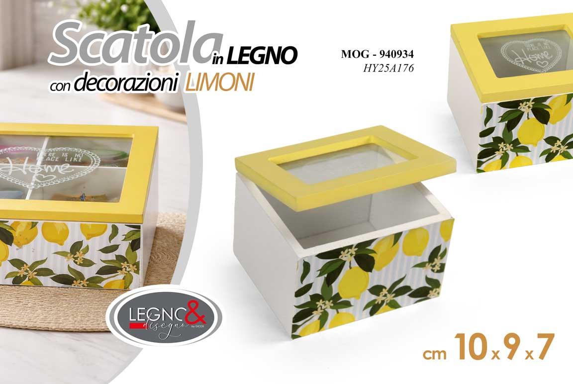 8025569940934 Scatola cofanetto porta bustine the tè tisane legno limoni giallo bianco 10*9*7 - immagine 1