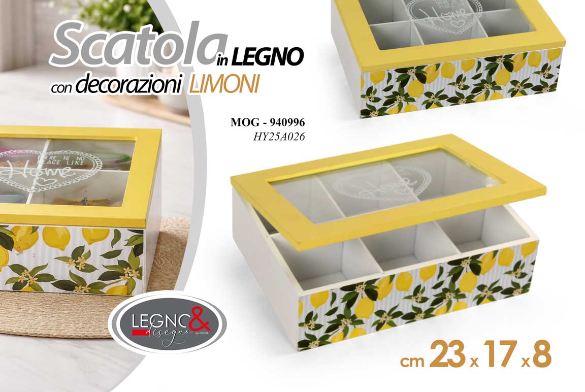 8025569940996 Scatola cofanetto porta bustine the tè tisane legno limoni organizer 23*17*8 cm - immagine 1