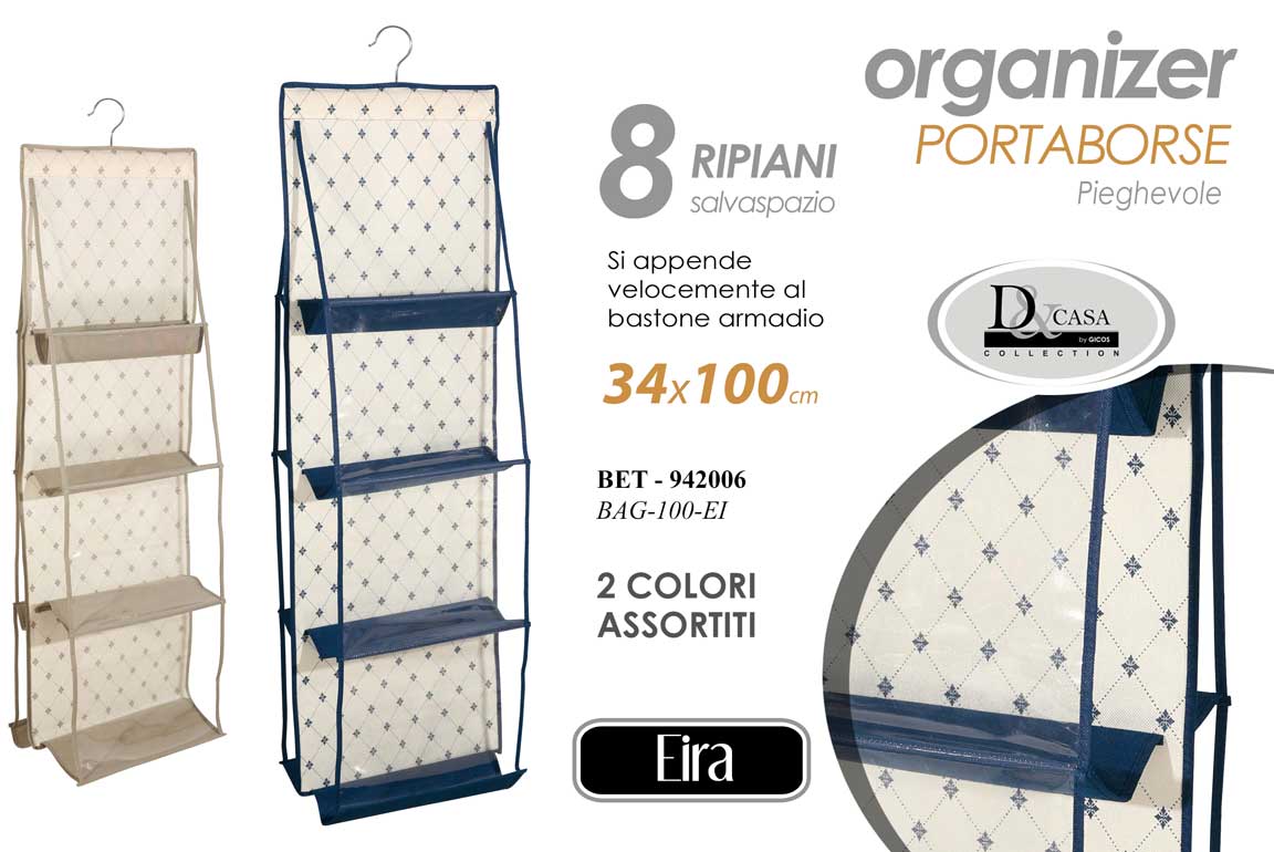 8025569942006 Organizer portaborse gruccia 8 ripiani armadio antipolvere salvaspazio 100*34 cm - immagine 1
