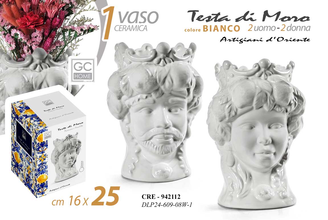 8025569942112 Vaso testa di moro ceramica bianco stile sicilia corona uomo donna ass 25 cm - immagine 1