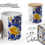 Biscottiera tonda cucina barattolo biscotti tappo legno ceramica limoni blu 17cm