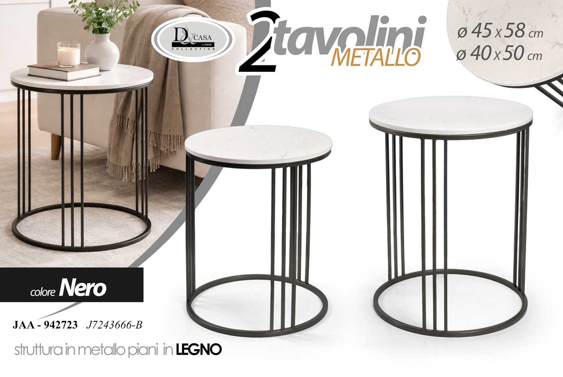 8025569942723 2 tavolini rotondi classico moderno bianco mdf metallo nero impilabili 55-40cm - immagine 1
