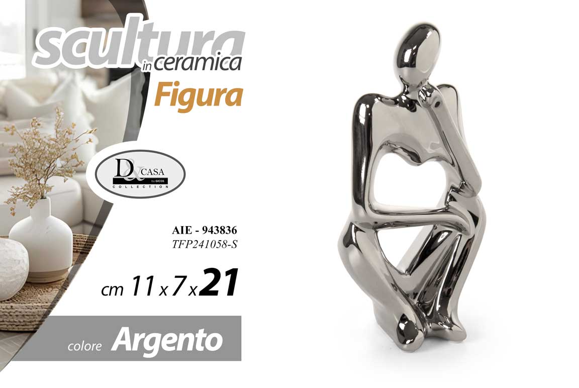 8025569943836 Pensatore cuore figura soprammobile ceramica argento pop art moderno 21x11x7 cm - immagine 1