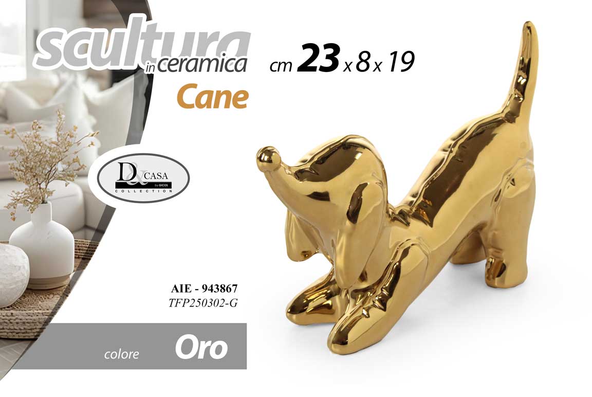 8025569943867 Scultura cane bassotto soprammobile statua ceramica oro pop art moderno 23x19x8 - immagine 1