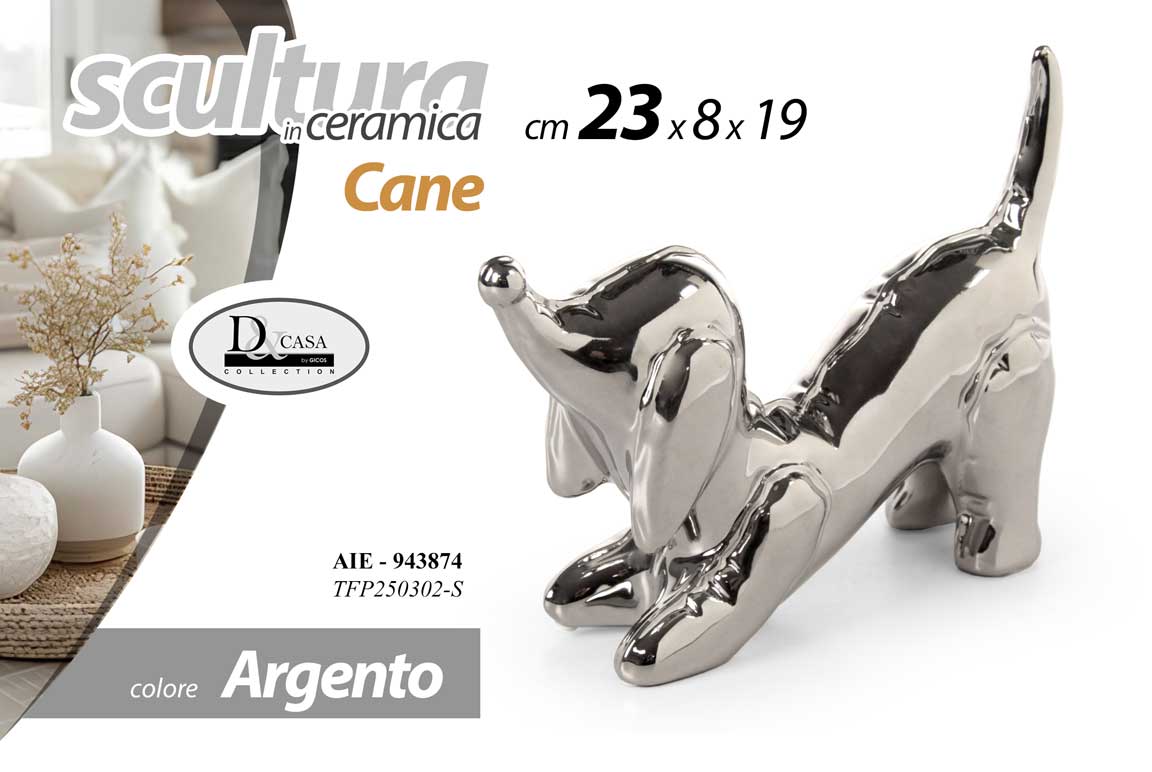 8025569943874 Scultura cane bassotto soprammobile statua ceramica argento art moderno 23x19x8 - immagine 1
