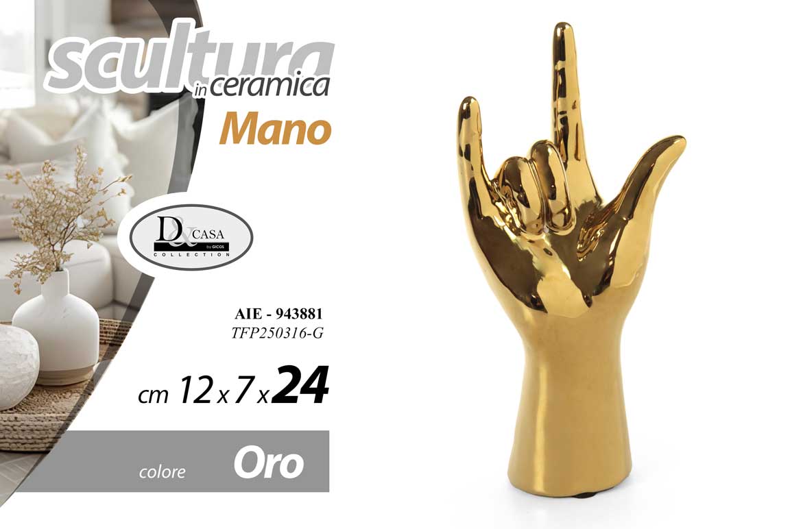 8025569943881 Mano rock soprammobile statua scultura ceramica oro design moderno pop art 24 cm - immagine 1