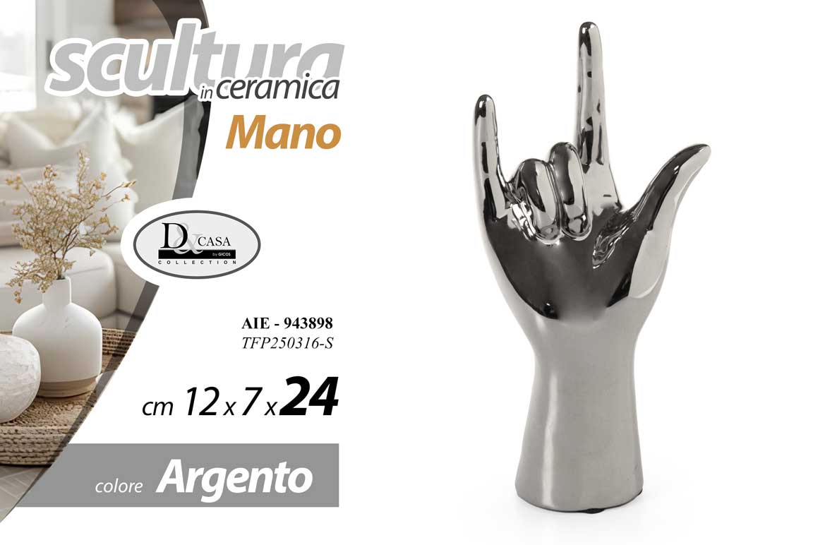 8025569943898 Mano rock soprammobile statua scultura ceramica argento moderno pop art 24 cm - immagine 1