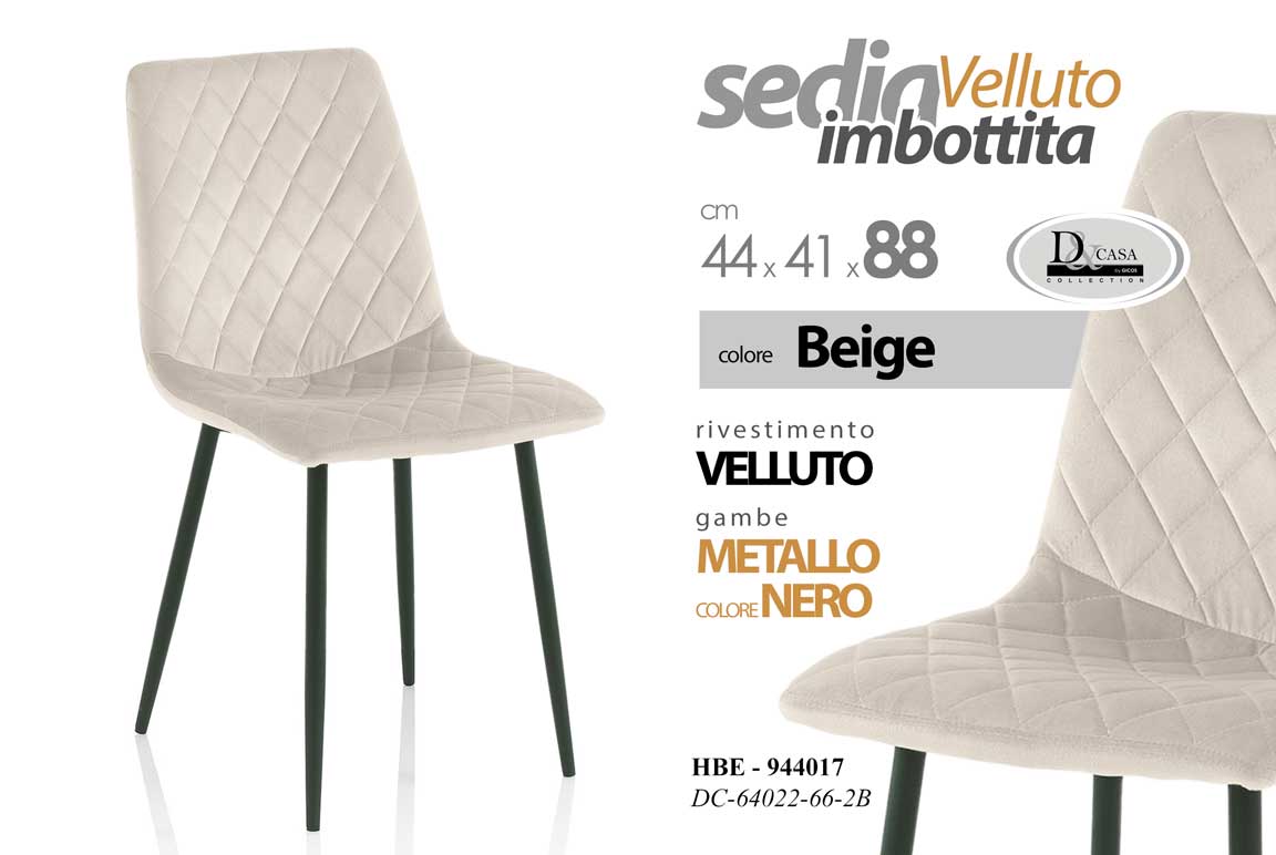 8025569944017 Sedia velluto beige ecrù imbottita gambe metallo nero moderna casa ufficio 88cm - immagine 1
