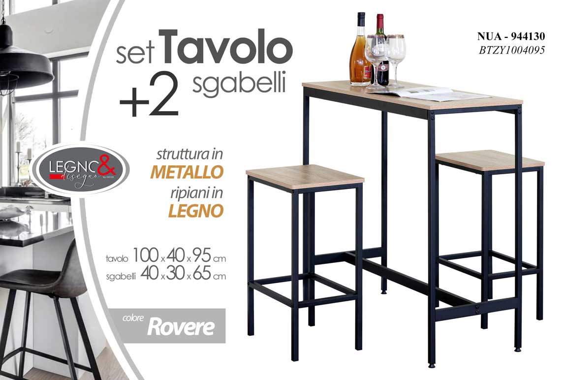 8025569944130 Set tavolo moderno bar alto industriale 2 sgabelli rover legno metallo 100x40x95 - immagine 1