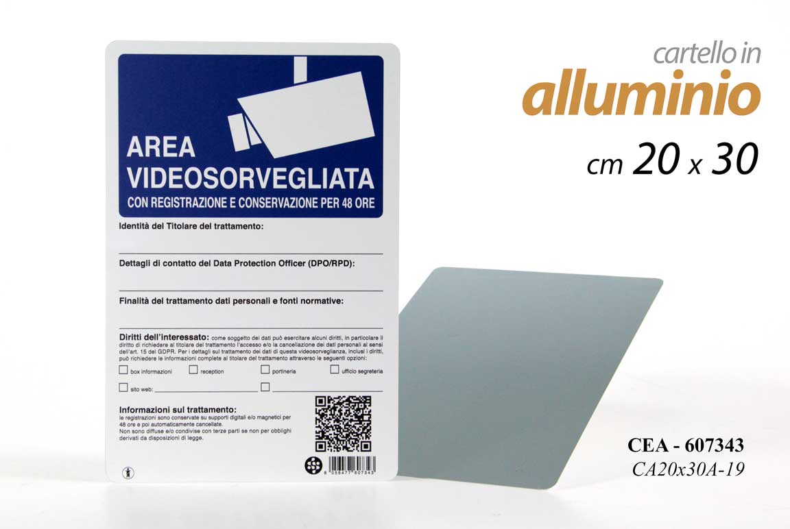 f56fd2ad2c0778a21e60eb7a19fcf230fcf844e08de3231e26877e4eeb987d33 Cartello area videosorvegliata registrazione 48 ore privacy gdpr alluminio 30 cm - immagine 1